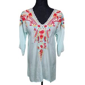 Johnny Was Cleopatra Embroidered Tunic‎ Top Seafoam Blue Floral Boho Sz S
